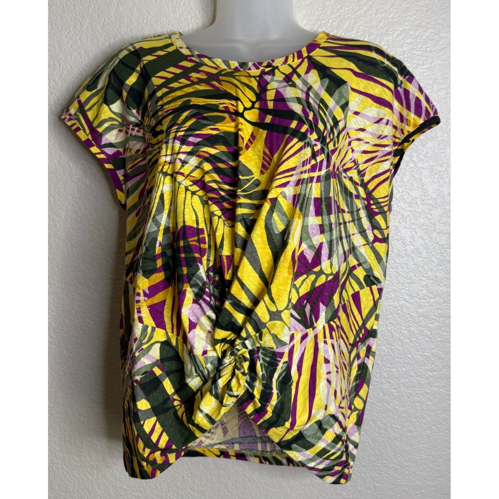 Chicos‎ 0 US Small Top Yellow Tropical Palm Leaf Twist Front Cotton Top Resort